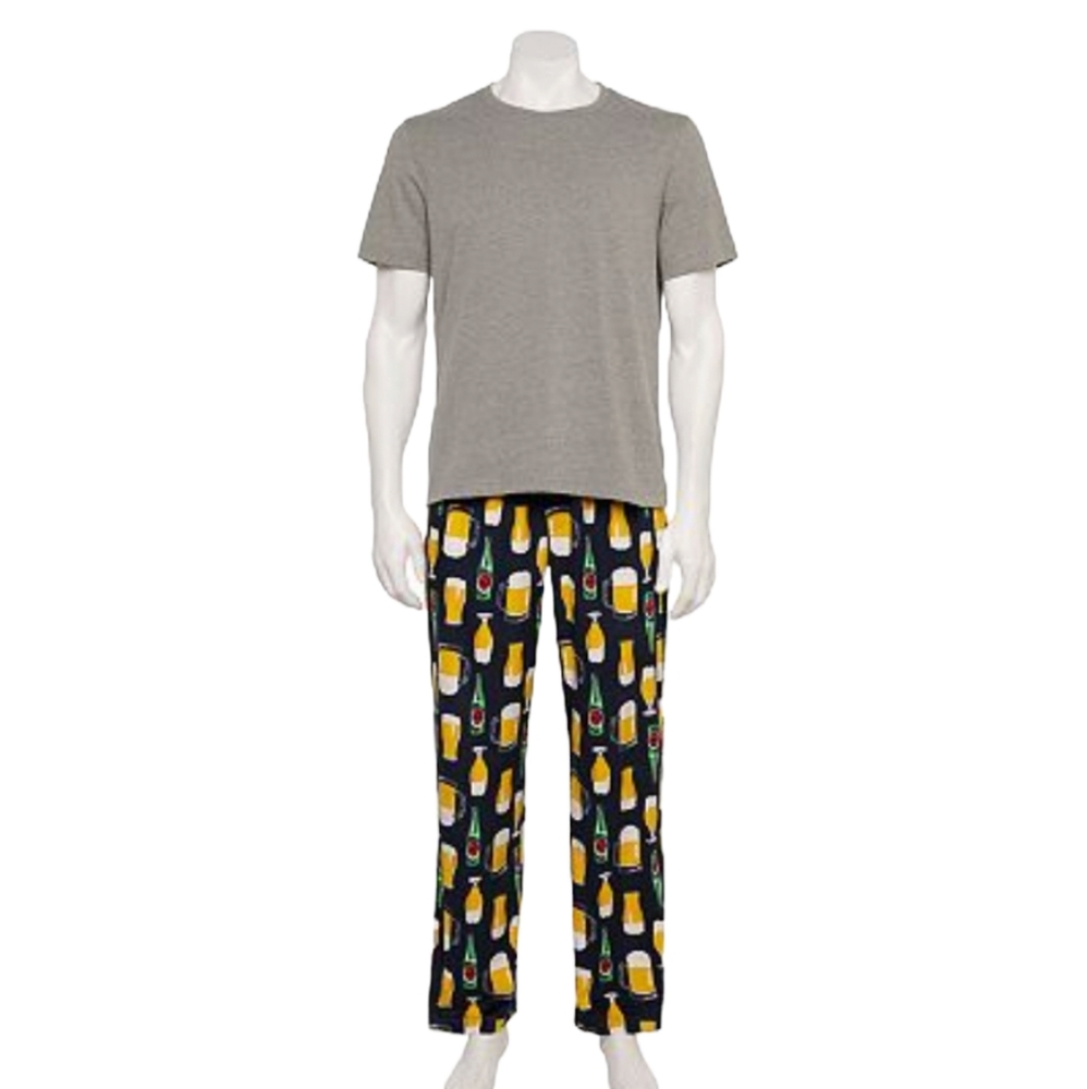 Beer Mug 2pc Pajamas Knit Tee & Velour Pants, Beer Mug Print, Size Small